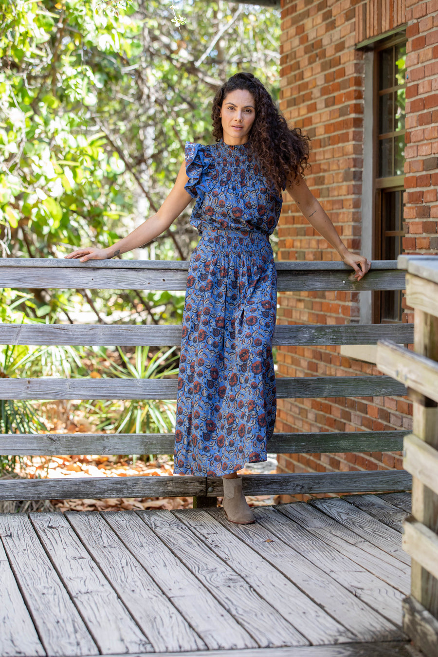 White skirt with outlet blue flowers